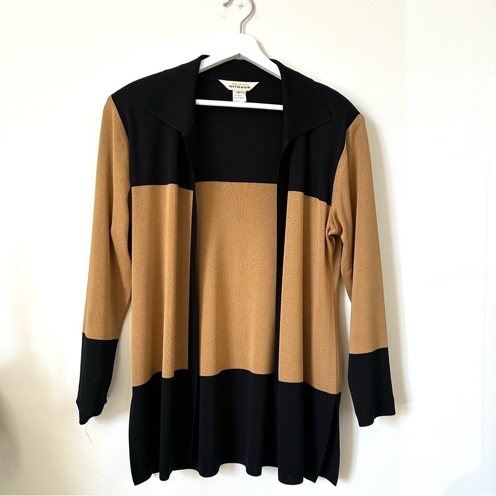 Misook Colorblock Open Front Knit Cardigan Tan Black Size S
